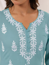 Women's Light Blue Pure Cotton Embroidered Straight Kurta