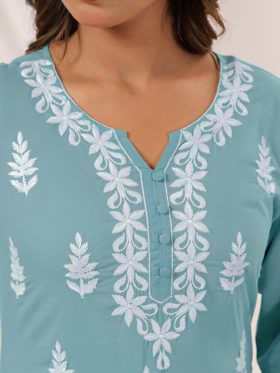 Women's Light Blue Pure Cotton Embroidered Straight Kurta