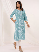 Women's Light Blue Pure Cotton Embroidered Straight Kurta