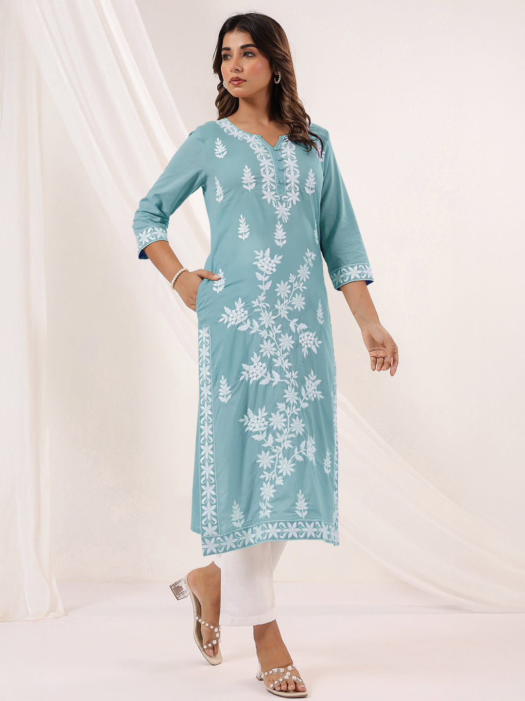 Women's Light Blue Pure Cotton Embroidered Straight Kurta