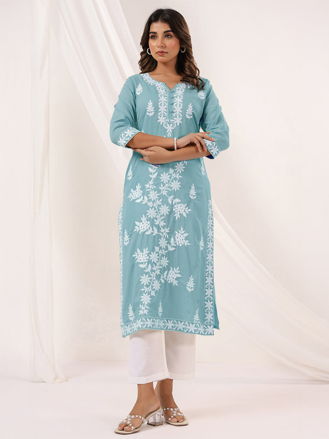 Women's Light Blue Pure Cotton Embroidered Straight Kurta