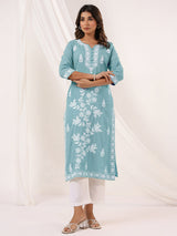 Women's Light Blue Pure Cotton Embroidered Straight Kurta