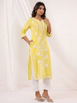 Women's Yellow Pure Cotton Embroidered Straight Kurta