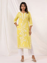 Women's Yellow Pure Cotton Embroidered Straight Kurta