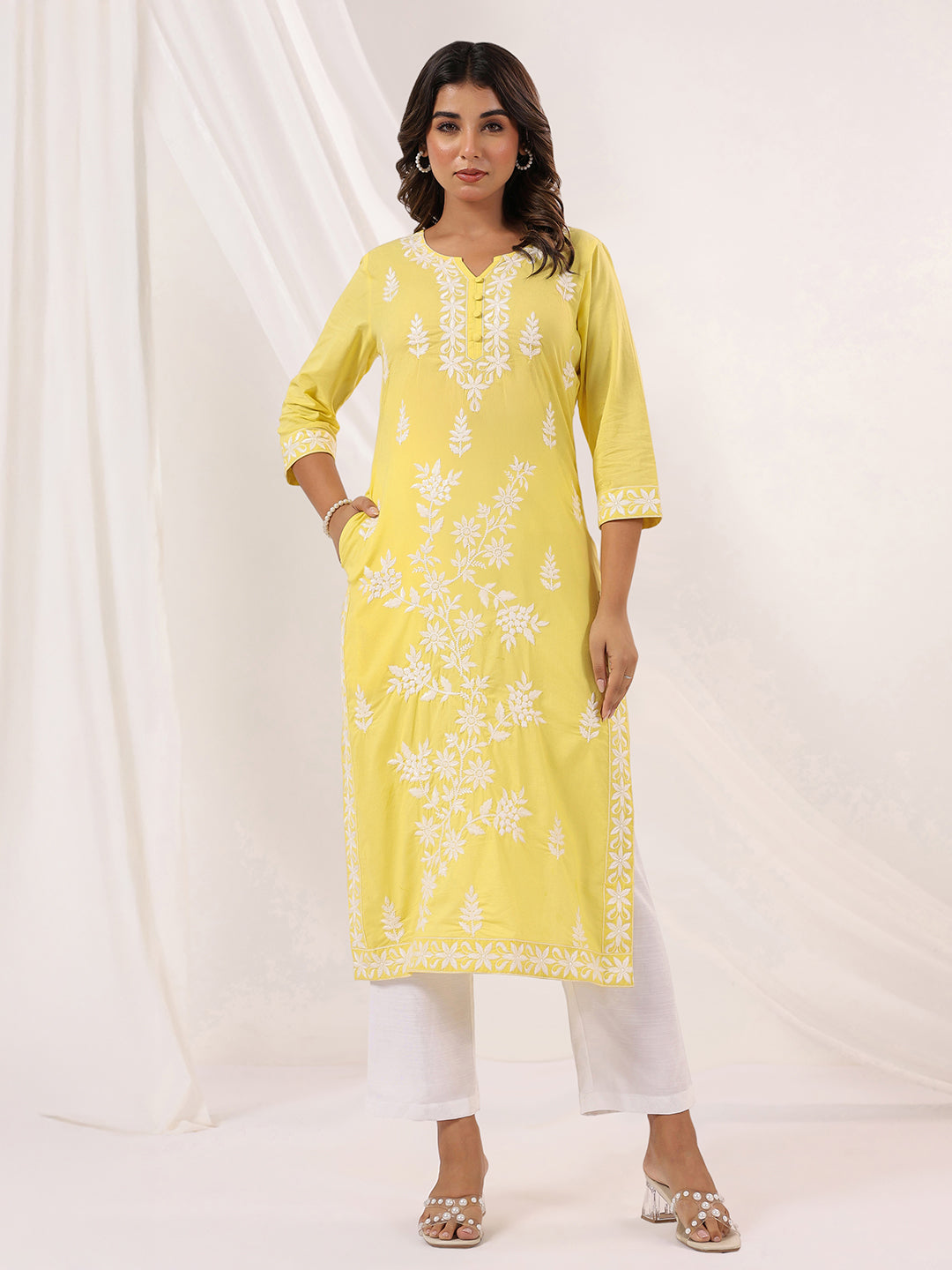 Women's Yellow Pure Cotton Embroidered Straight Kurta