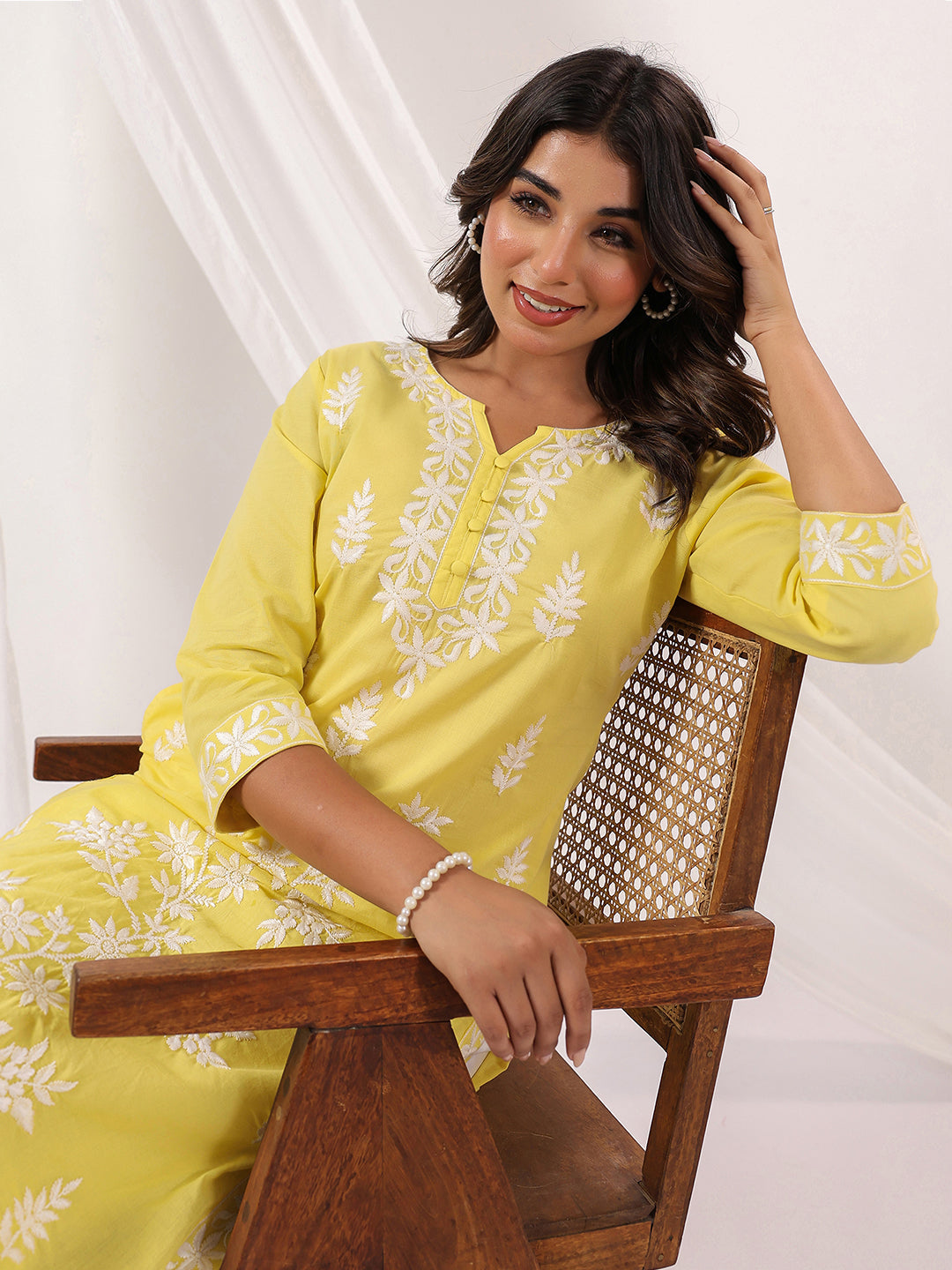 Women's Yellow Pure Cotton Embroidered Straight Kurta