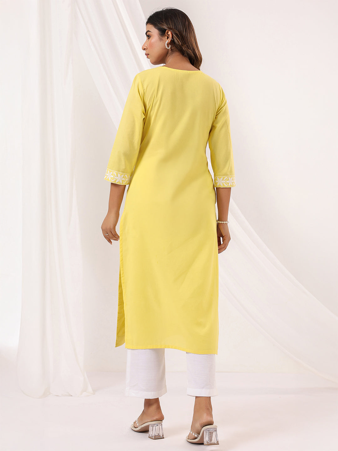 Women's Yellow Pure Cotton Embroidered Straight Kurta