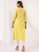 Women's Yellow Pure Cotton Embroidered Straight Kurta