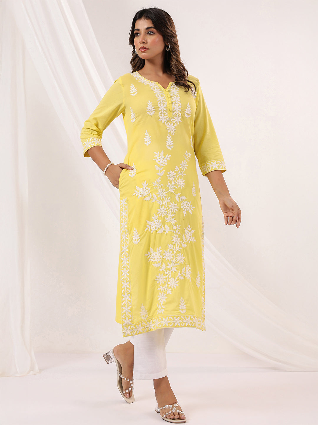 Women's Yellow Pure Cotton Embroidered Straight Kurta