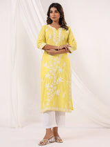 Women's Yellow Pure Cotton Embroidered Straight Kurta