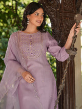 Women's Lavender Silk Blend Embroidered Straight Kurta Set