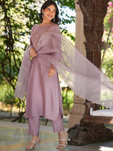 Women's Lavender Silk Blend Embroidered Straight Kurta Set