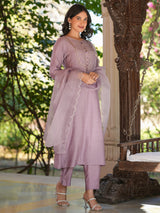 Women's Lavender Silk Blend Embroidered Straight Kurta Set