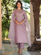 Women's Lavender Silk Blend Embroidered Straight Kurta Set