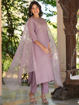 Women's Lavender Silk Blend Embroidered Straight Kurta Set