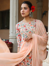 Women's Peach Pure Cotton Floral Printed Yoke Embroidered Anarkali Kurta Set