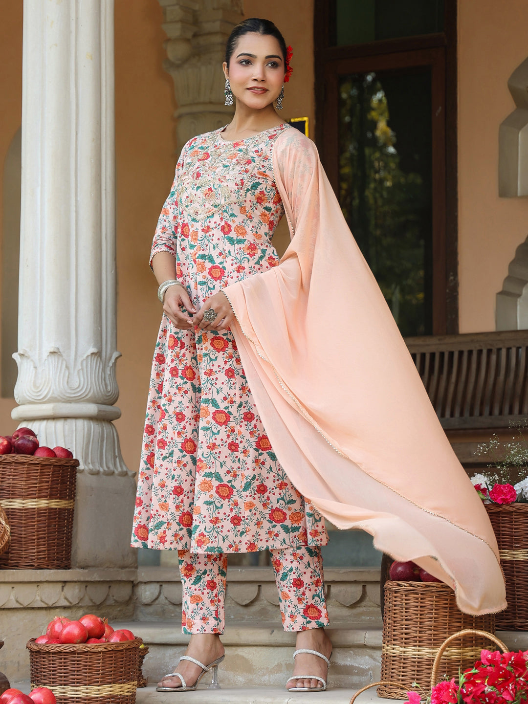 Women's Peach Pure Cotton Floral Printed Yoke Embroidered Anarkali Kurta Set