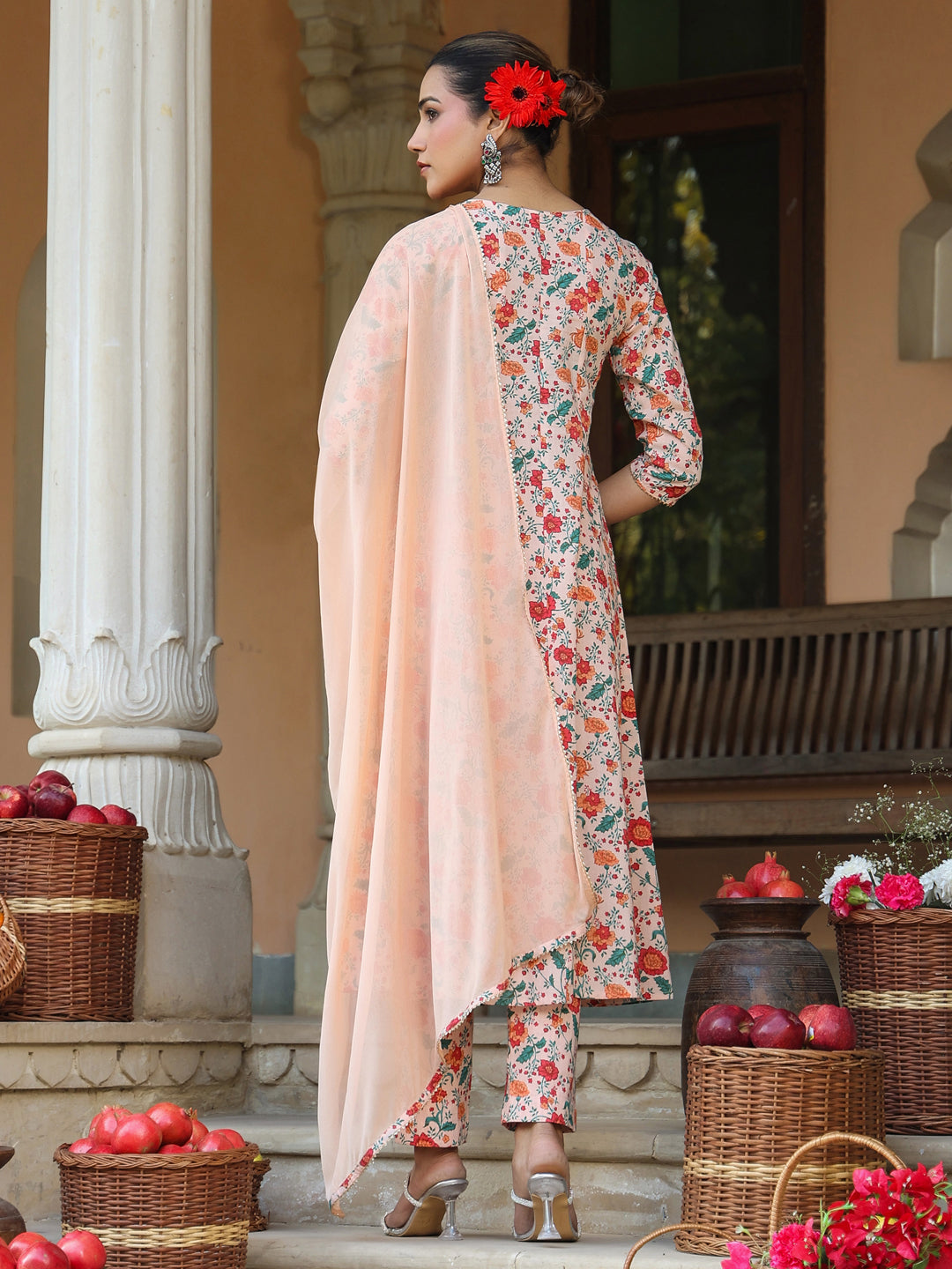 Women's Peach Pure Cotton Floral Printed Yoke Embroidered Anarkali Kurta Set