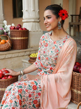 Women's Peach Pure Cotton Floral Printed Yoke Embroidered Anarkali Kurta Set
