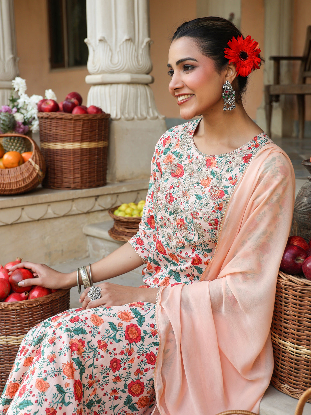 Women's Peach Pure Cotton Floral Printed Yoke Embroidered Anarkali Kurta Set