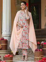 Women's Peach Pure Cotton Floral Printed Yoke Embroidered Anarkali Kurta Set
