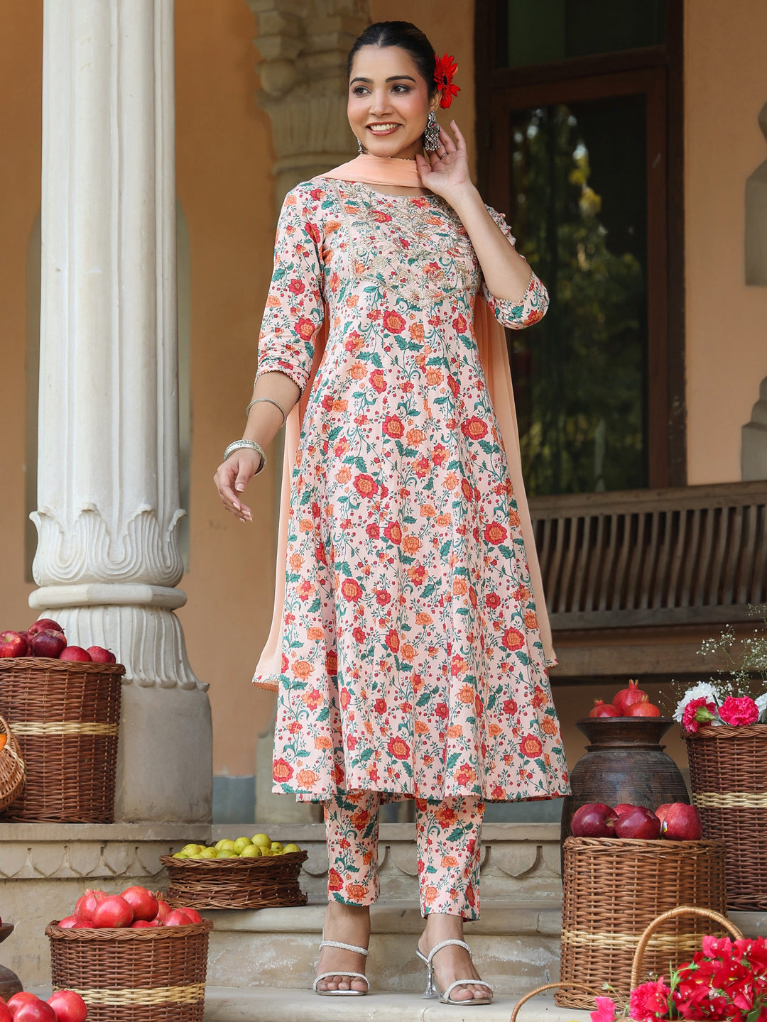 Women's Peach Pure Cotton Floral Printed Yoke Embroidered Anarkali Kurta Set