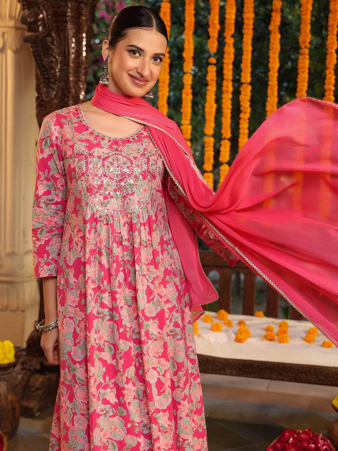 Women's Pink Pure Cotton Yoke Embroidered Floral Printed A-line Kurta Set