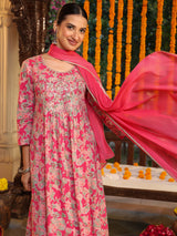 Women's Pink Pure Cotton Yoke Embroidered Floral Printed A-line Kurta Set