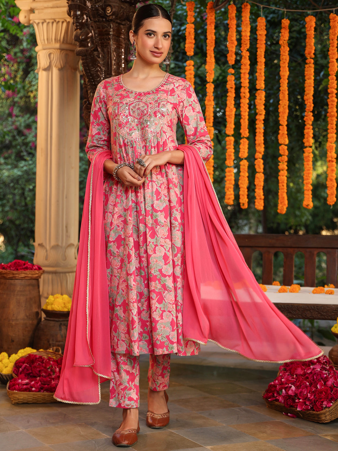 Women's Pink Pure Cotton Yoke Embroidered Floral Printed A-line Kurta Set