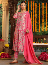Women's Pink Pure Cotton Yoke Embroidered Floral Printed A-line Kurta Set