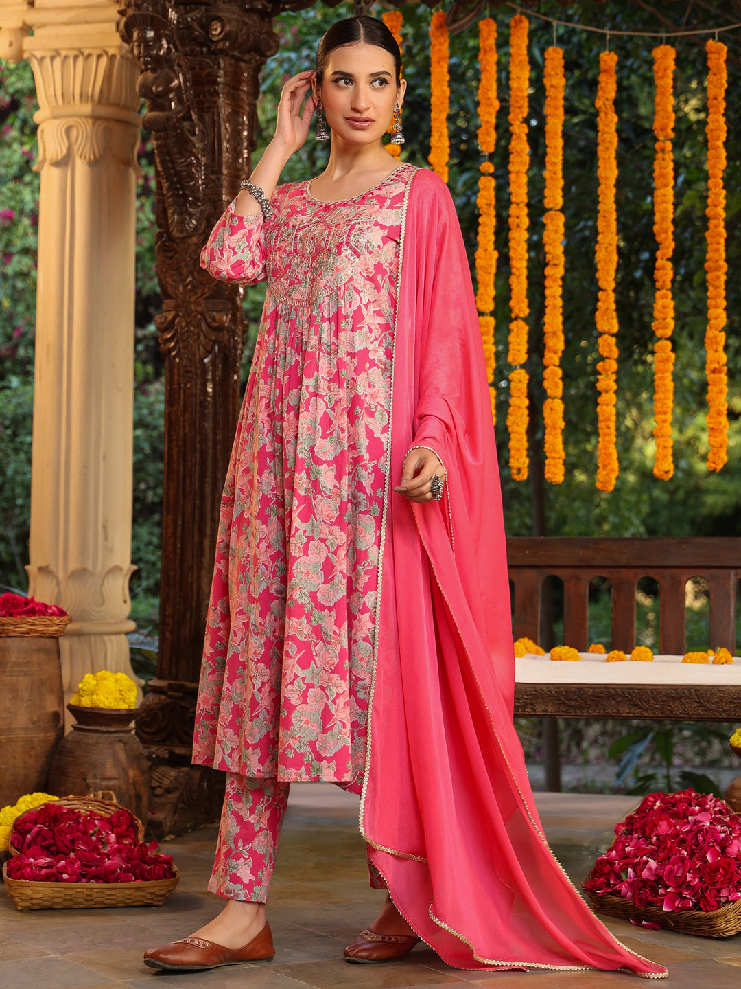 Women's Pink Pure Cotton Yoke Embroidered Floral Printed A-line Kurta Set