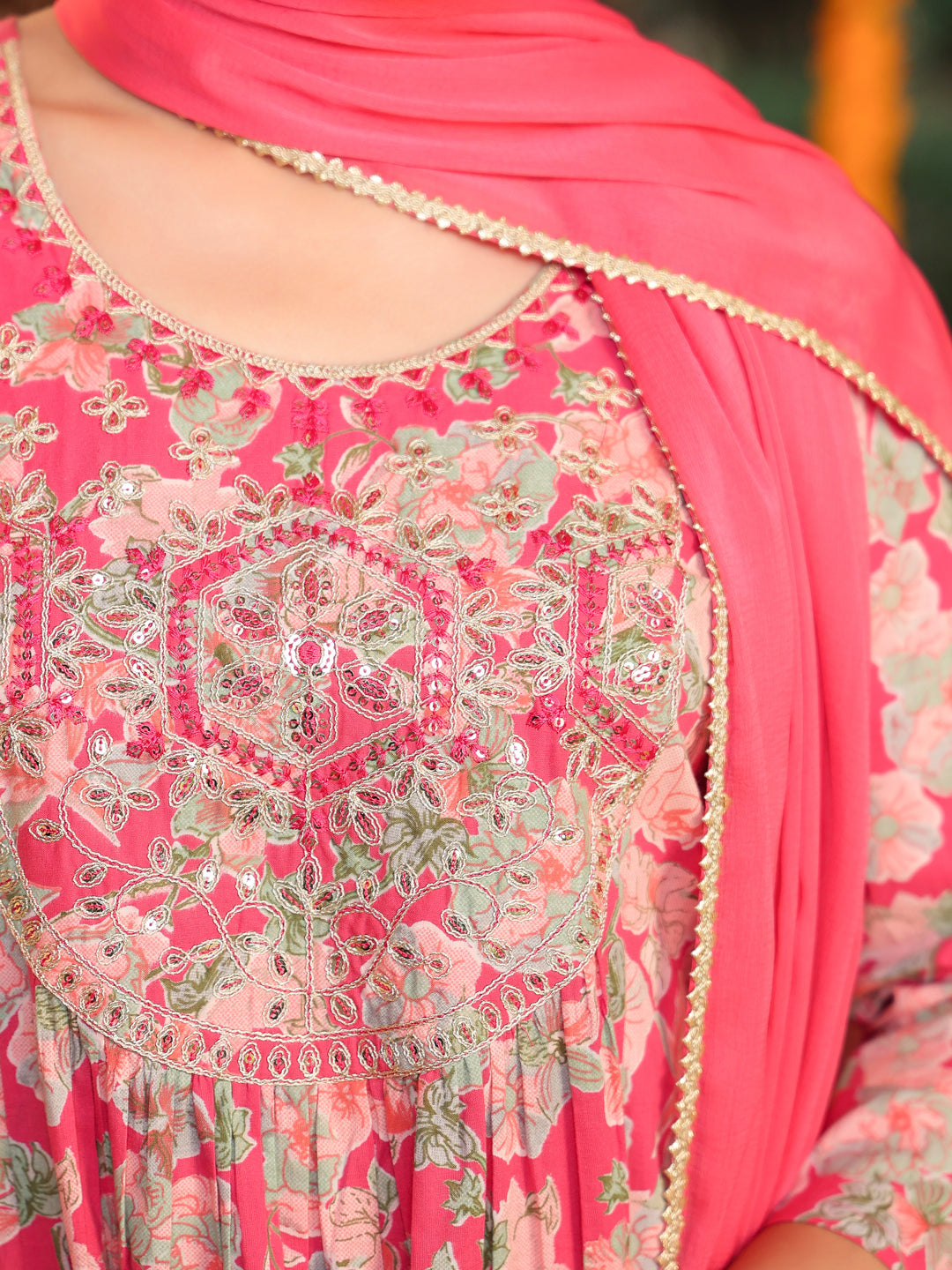 Women's Pink Pure Cotton Yoke Embroidered Floral Printed A-line Kurta Set