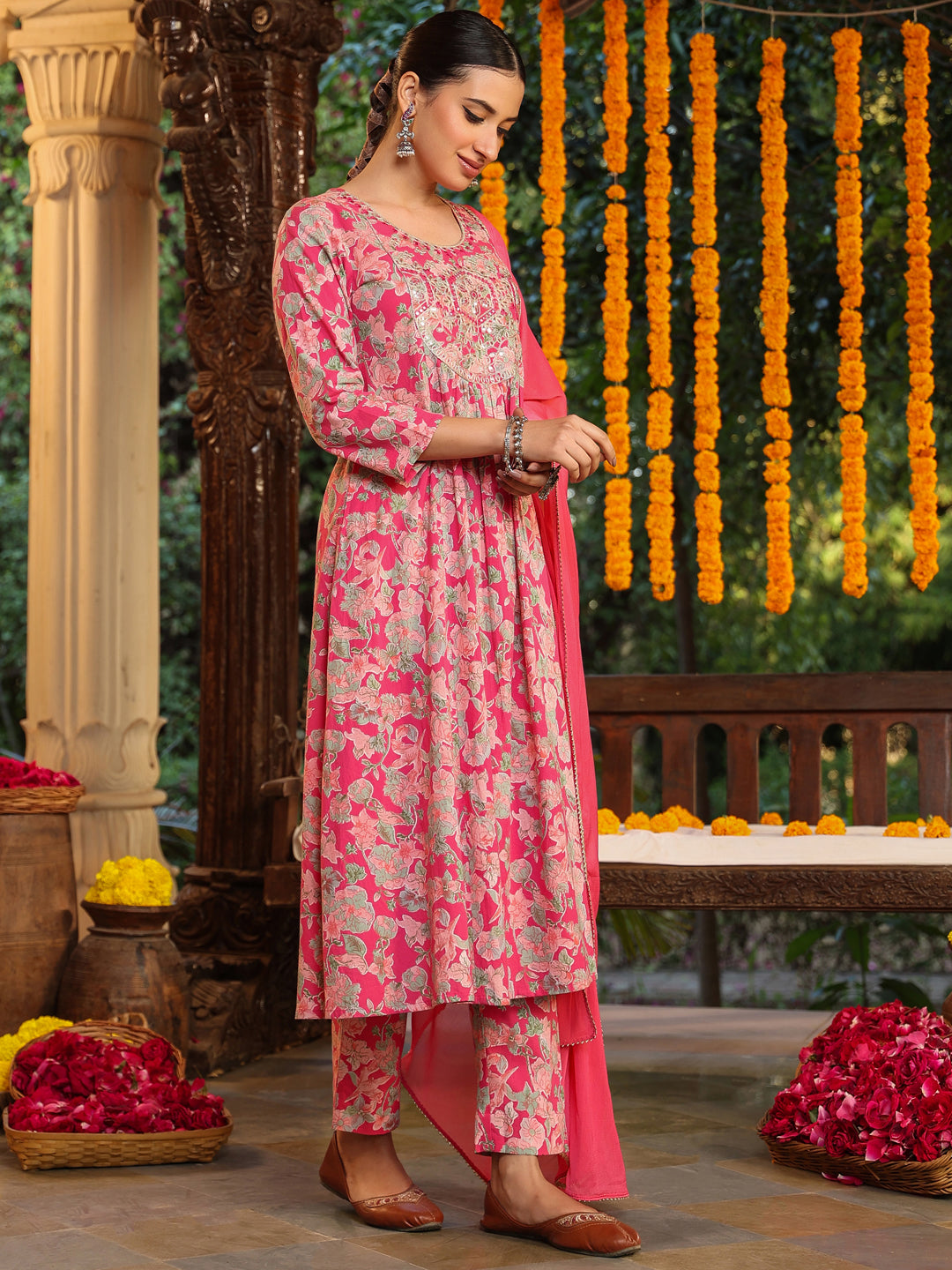Women's Pink Pure Cotton Yoke Embroidered Floral Printed A-line Kurta Set