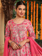 Women's Pink Pure Cotton Yoke Embroidered Floral Printed A-line Kurta Set