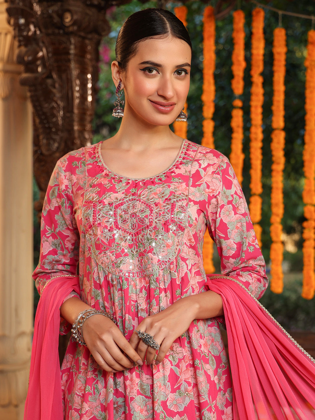 Women's Pink Pure Cotton Yoke Embroidered Floral Printed A-line Kurta Set