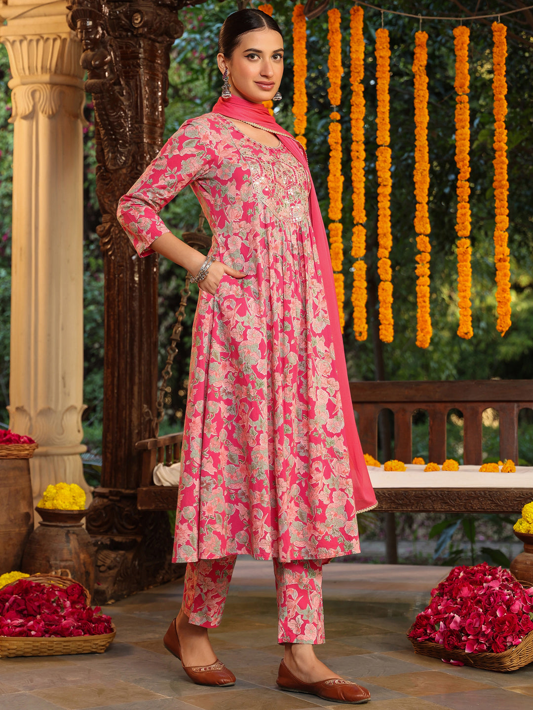Women's Pink Pure Cotton Yoke Embroidered Floral Printed A-line Kurta Set