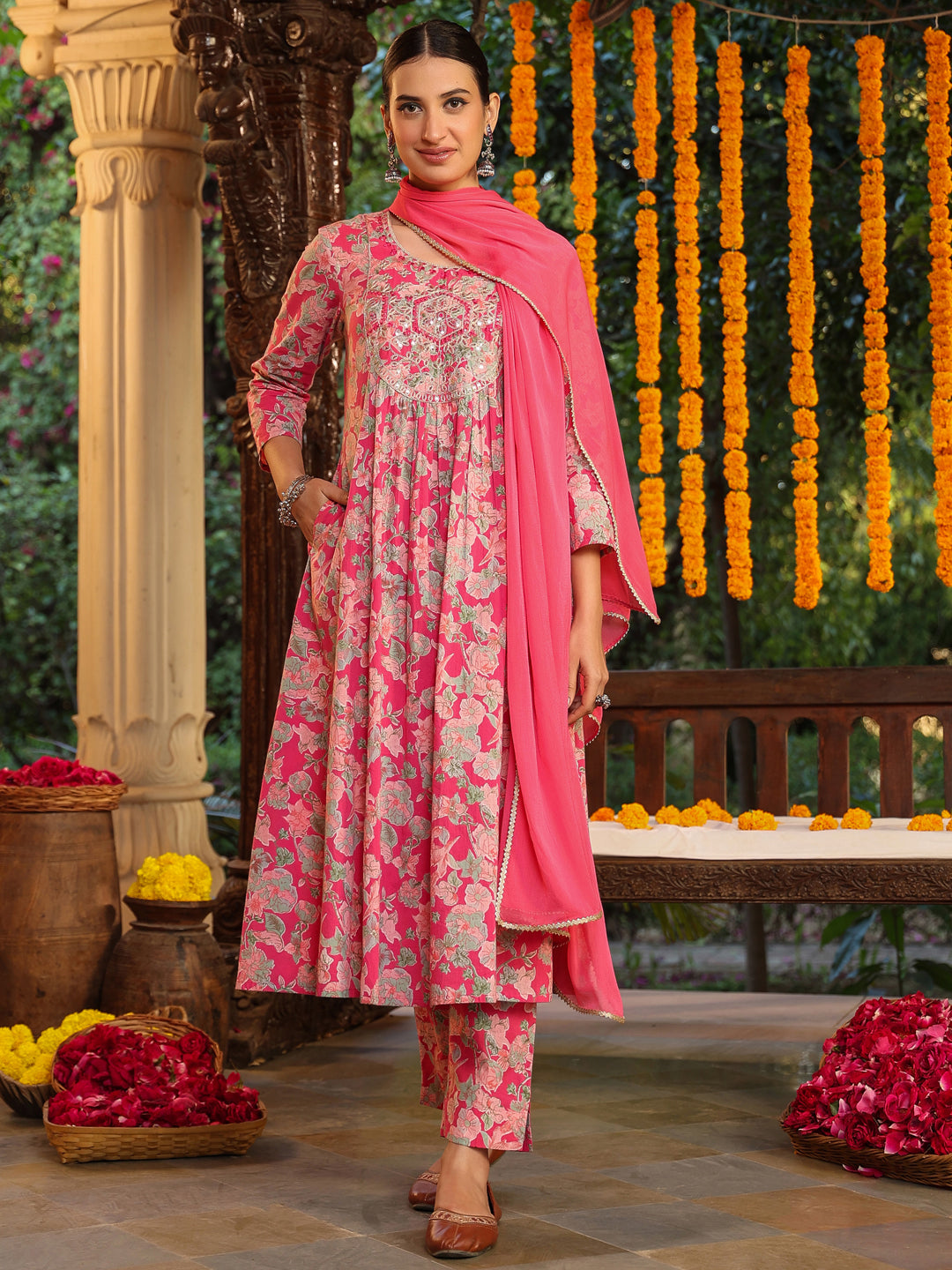 Women's Pink Pure Cotton Yoke Embroidered Floral Printed A-line Kurta Set