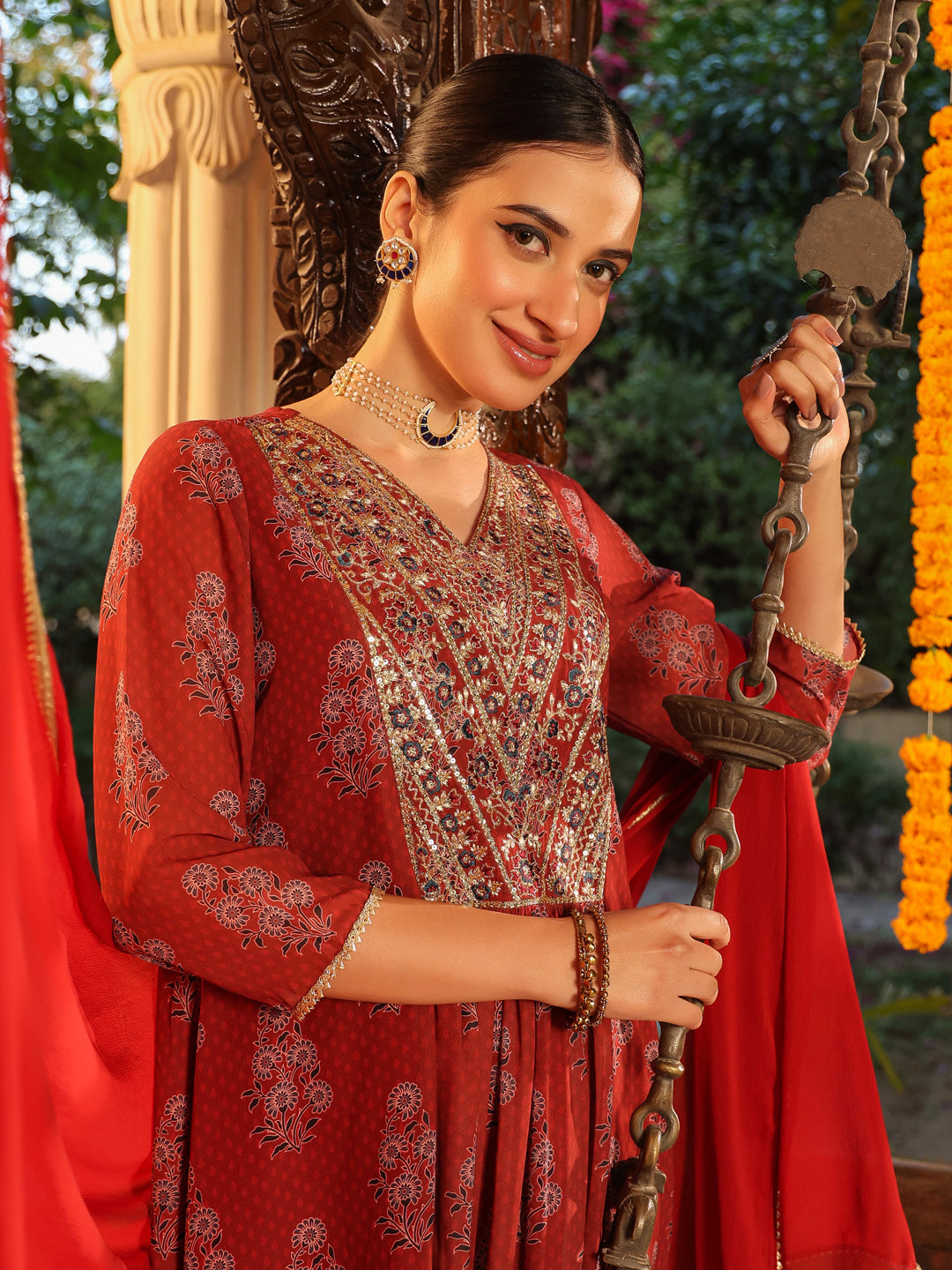 Women's Maroon Georgette Yoke Embroidered Ajrakh Printed A line Kurta Set