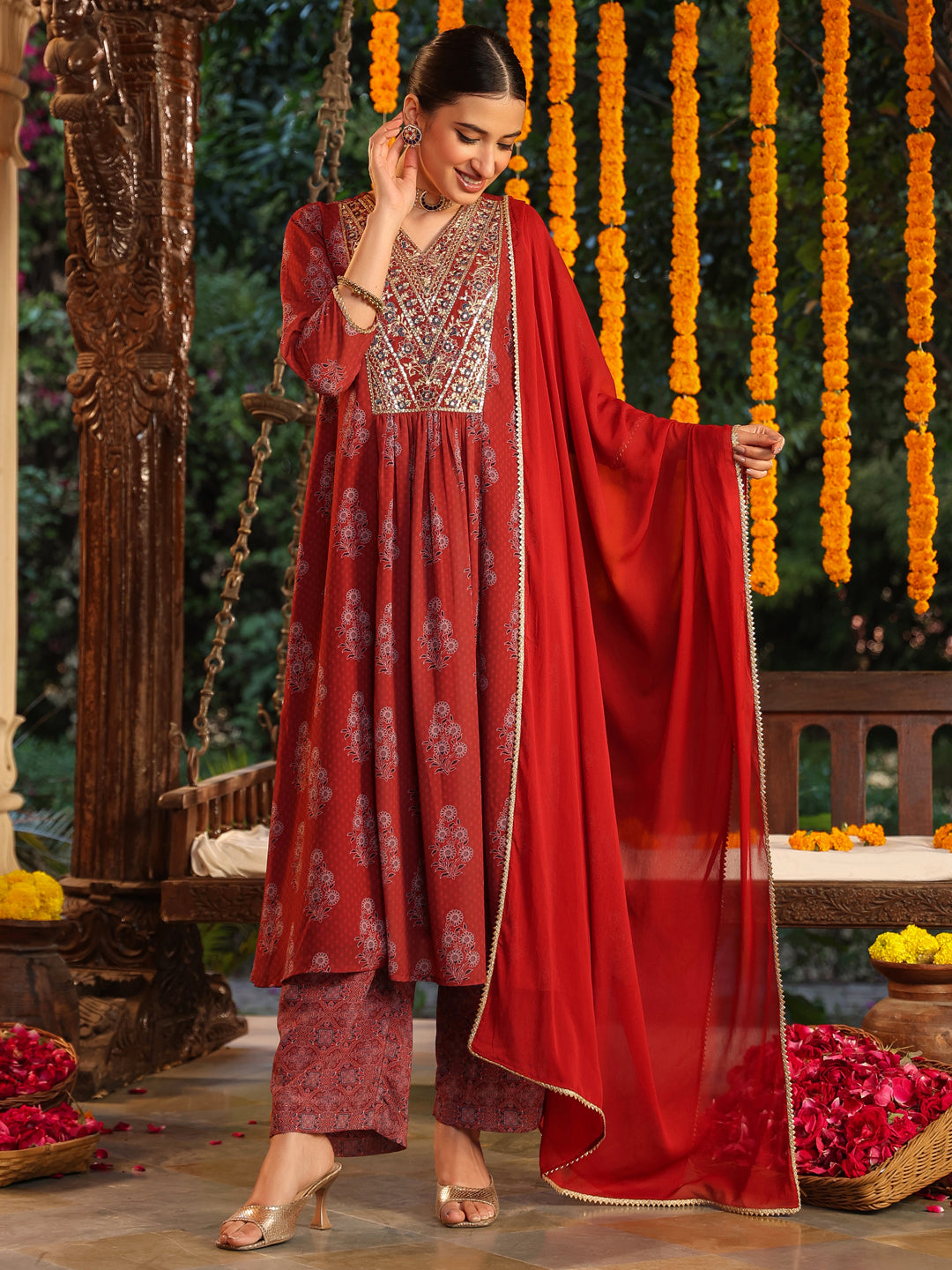 Women's Maroon Georgette Yoke Embroidered Ajrakh Printed A line Kurta Set