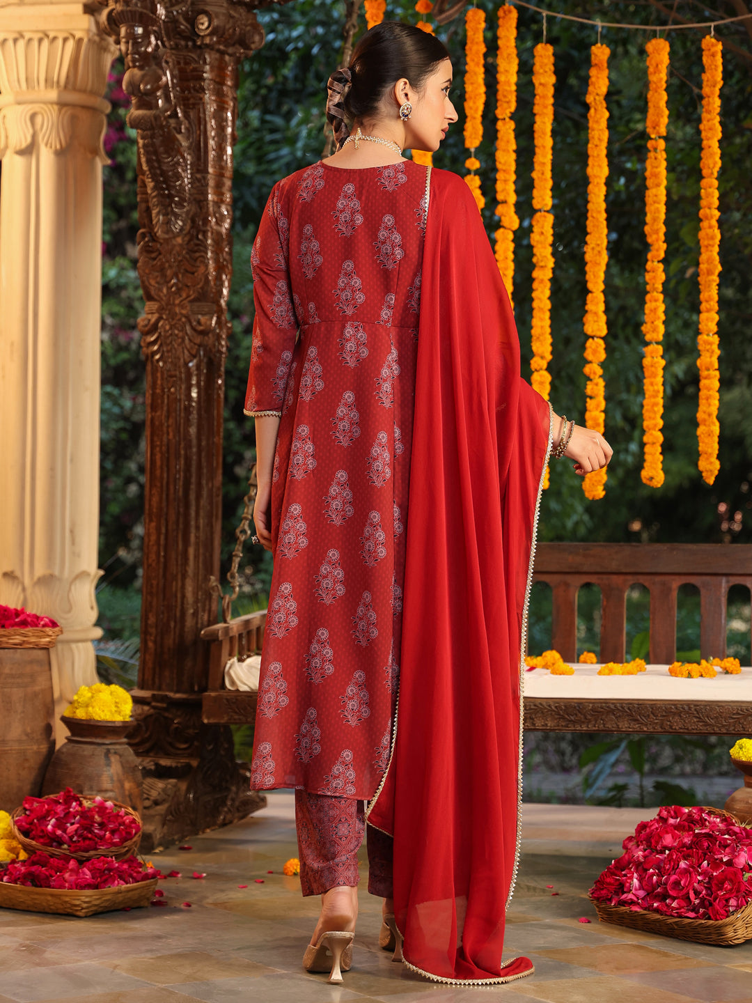 Women's Maroon Georgette Yoke Embroidered Ajrakh Printed A line Kurta Set