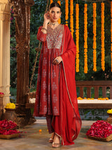 Women's Maroon Georgette Yoke Embroidered Ajrakh Printed A line Kurta Set