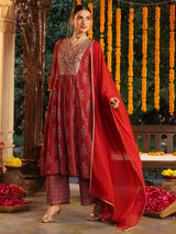 Women's Maroon Georgette Yoke Embroidered Ajrakh Printed A line Kurta Set