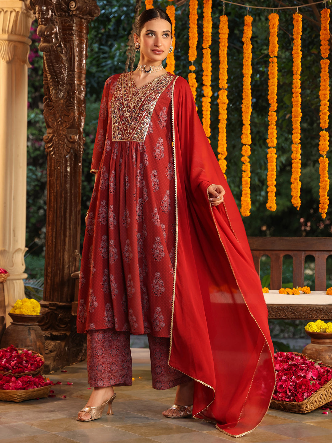 Women's Maroon Georgette Yoke Embroidered Ajrakh Printed A line Kurta Set