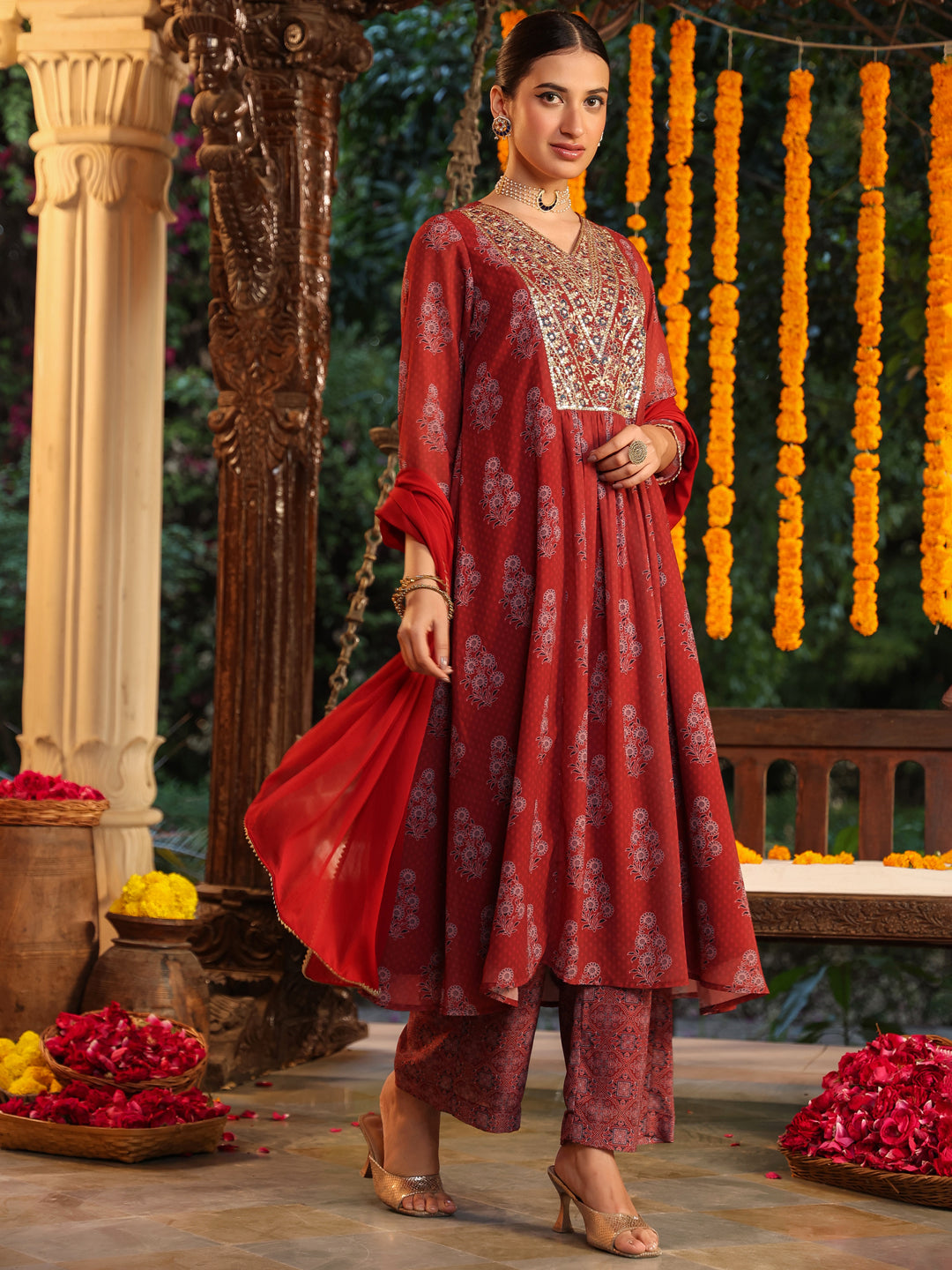 Women's Maroon Georgette Yoke Embroidered Ajrakh Printed A line Kurta Set