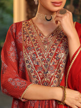 Women's Maroon Georgette Yoke Embroidered Ajrakh Printed A line Kurta Set