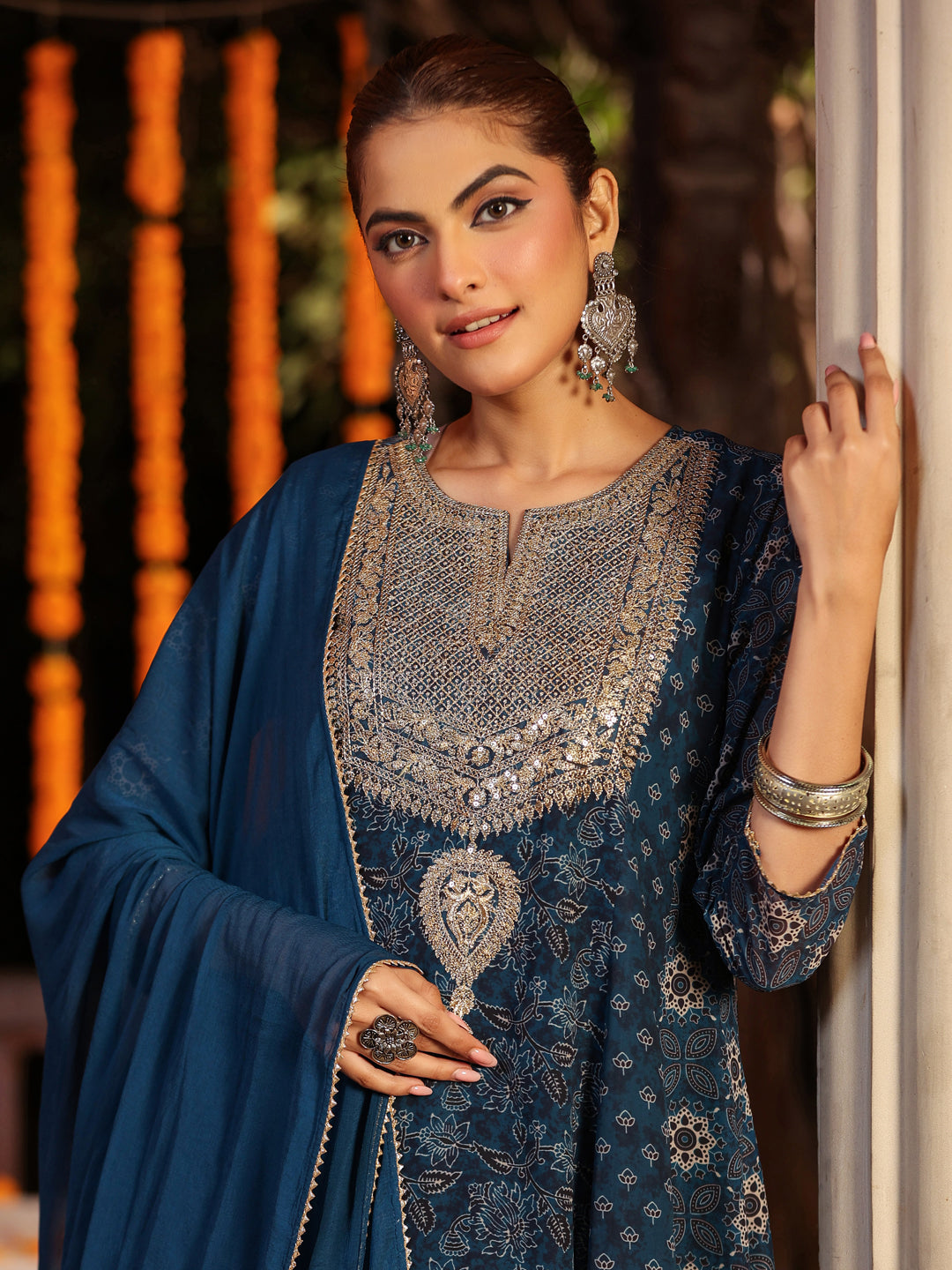 Women's Dark Blue Georgette Ajrakh Printed Embellished Anarkali Kurta Set