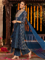 Women's Dark Blue Georgette Ajrakh Printed Embellished Anarkali Kurta Set