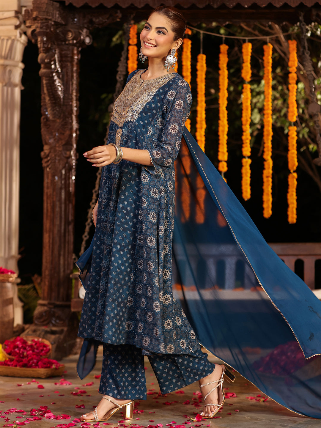 Women's Dark Blue Georgette Ajrakh Printed Embellished Anarkali Kurta Set