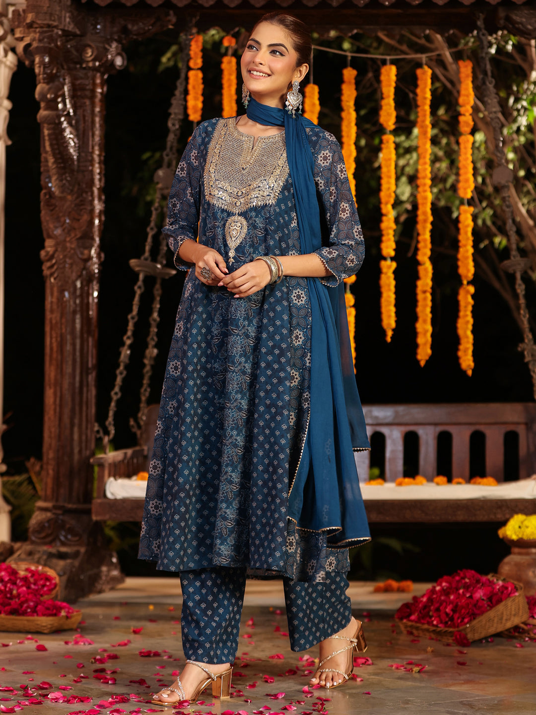 Women's Dark Blue Georgette Ajrakh Printed Embellished Anarkali Kurta Set