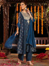 Women's Dark Blue Georgette Ajrakh Printed Embellished Anarkali Kurta Set